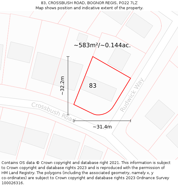 83, CROSSBUSH ROAD, BOGNOR REGIS, PO22 7LZ: Plot and title map