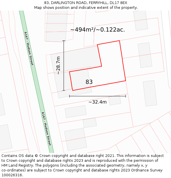 83, DARLINGTON ROAD, FERRYHILL, DL17 8EX: Plot and title map