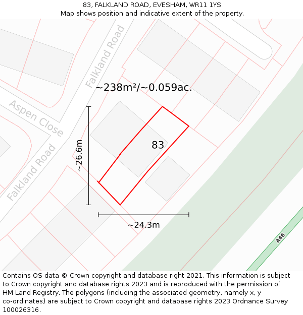 83, FALKLAND ROAD, EVESHAM, WR11 1YS: Plot and title map