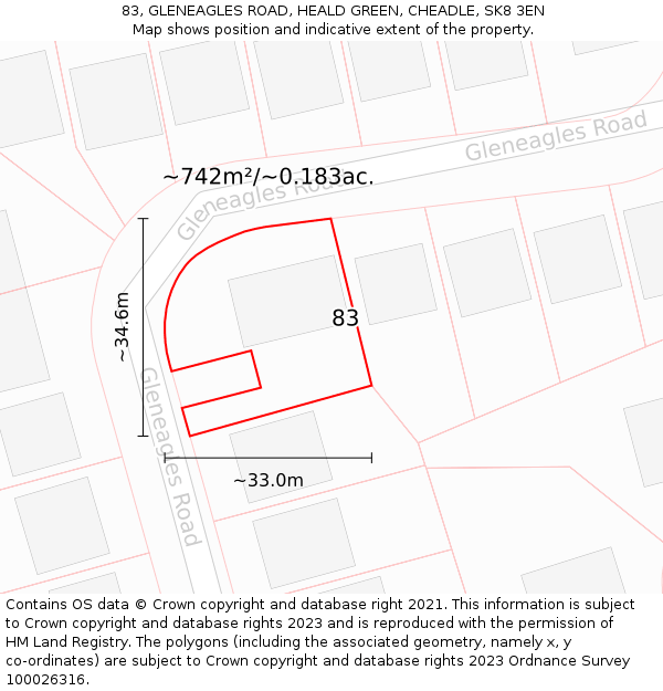 83, GLENEAGLES ROAD, HEALD GREEN, CHEADLE, SK8 3EN: Plot and title map