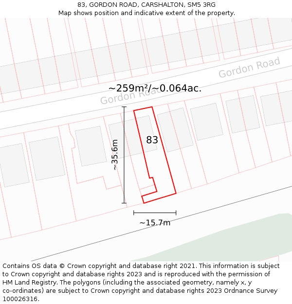 83, GORDON ROAD, CARSHALTON, SM5 3RG: Plot and title map