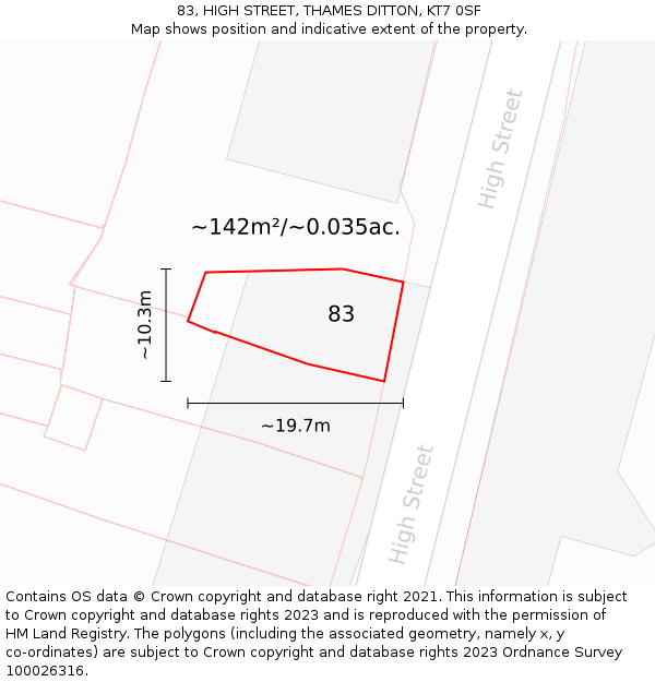 83, HIGH STREET, THAMES DITTON, KT7 0SF: Plot and title map