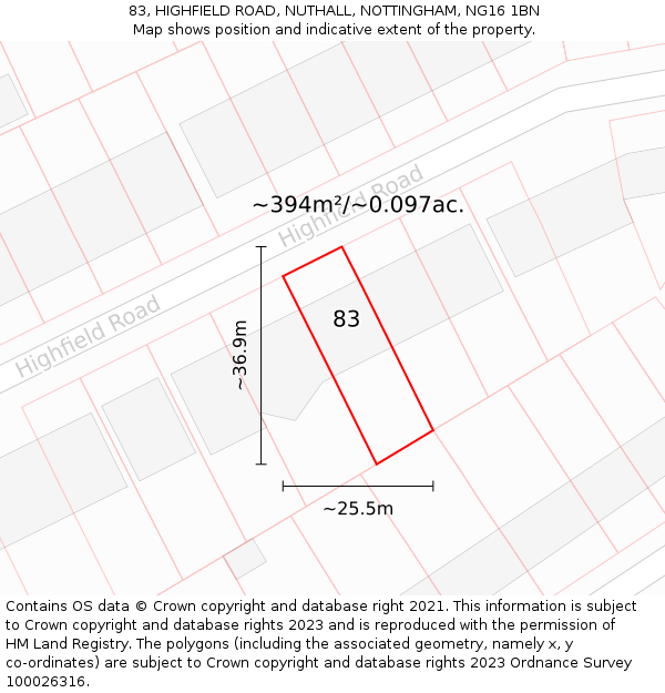 83, HIGHFIELD ROAD, NUTHALL, NOTTINGHAM, NG16 1BN: Plot and title map