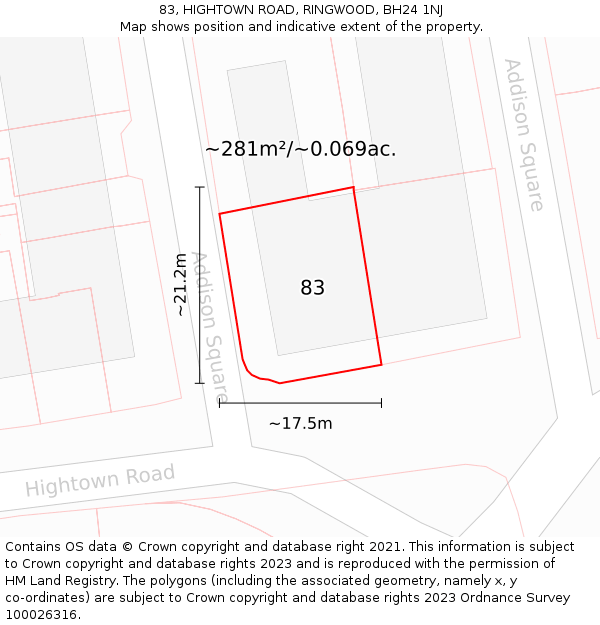 83, HIGHTOWN ROAD, RINGWOOD, BH24 1NJ: Plot and title map