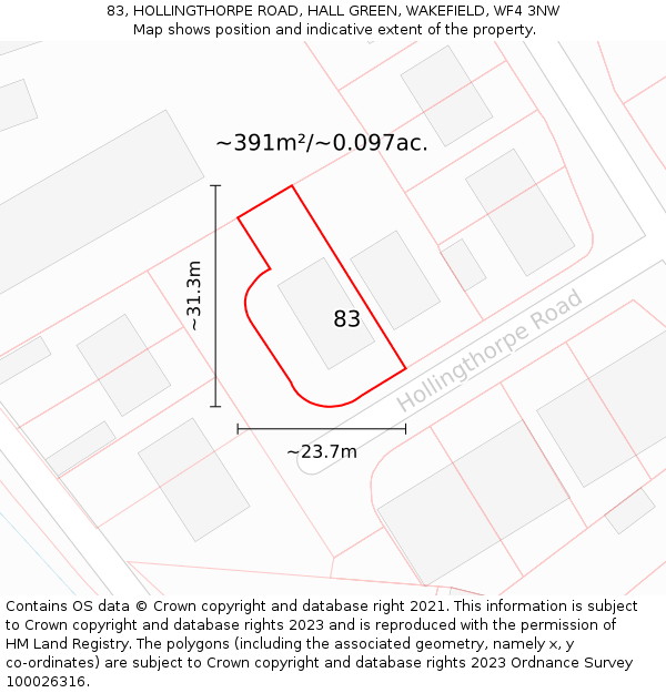 83, HOLLINGTHORPE ROAD, HALL GREEN, WAKEFIELD, WF4 3NW: Plot and title map