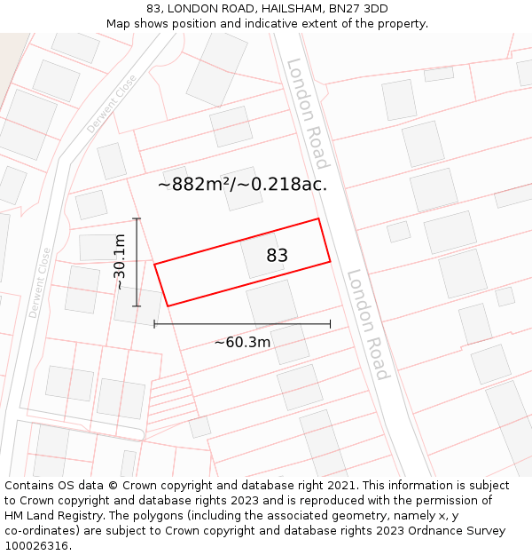 83, LONDON ROAD, HAILSHAM, BN27 3DD: Plot and title map