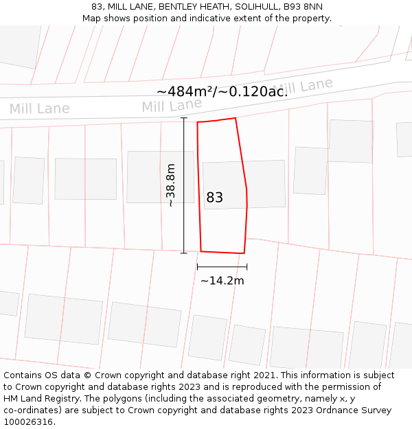 83, MILL LANE, BENTLEY HEATH, SOLIHULL, B93 8NN: Plot and title map