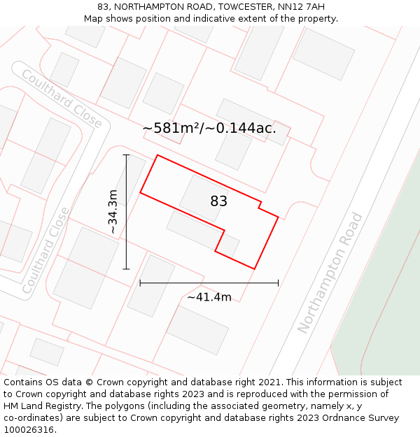 83, NORTHAMPTON ROAD, TOWCESTER, NN12 7AH: Plot and title map