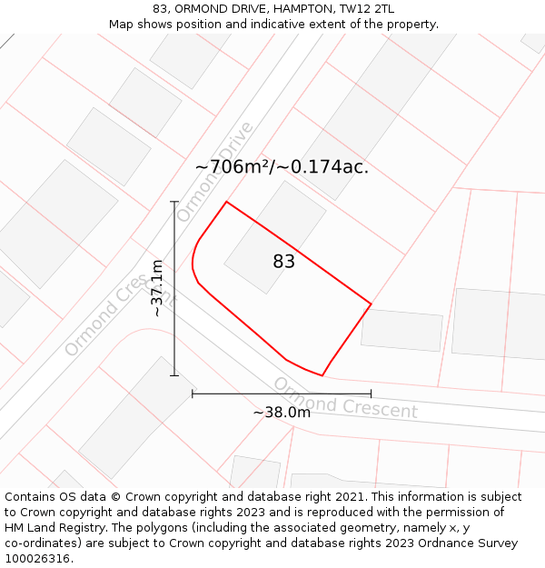 83, ORMOND DRIVE, HAMPTON, TW12 2TL: Plot and title map