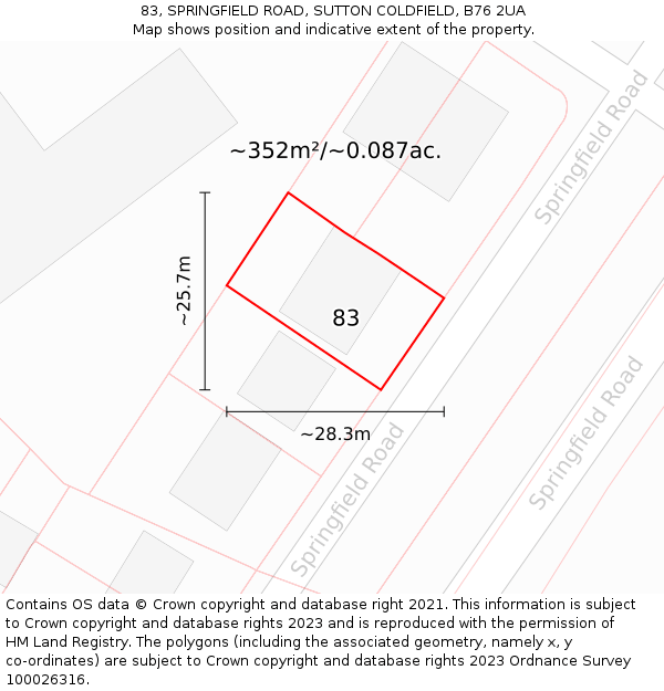 83, SPRINGFIELD ROAD, SUTTON COLDFIELD, B76 2UA: Plot and title map