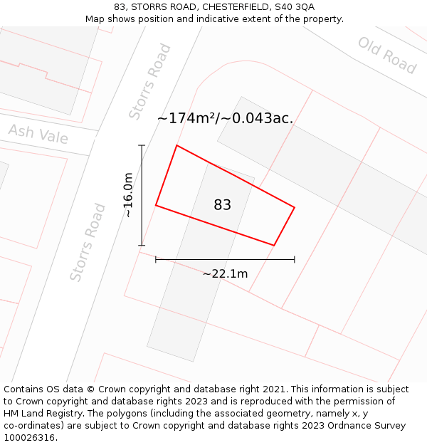 83, STORRS ROAD, CHESTERFIELD, S40 3QA: Plot and title map