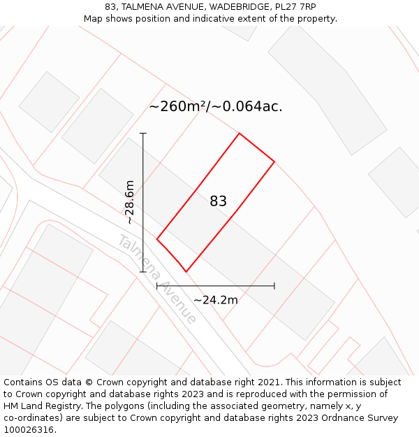 83, TALMENA AVENUE, WADEBRIDGE, PL27 7RP: Plot and title map