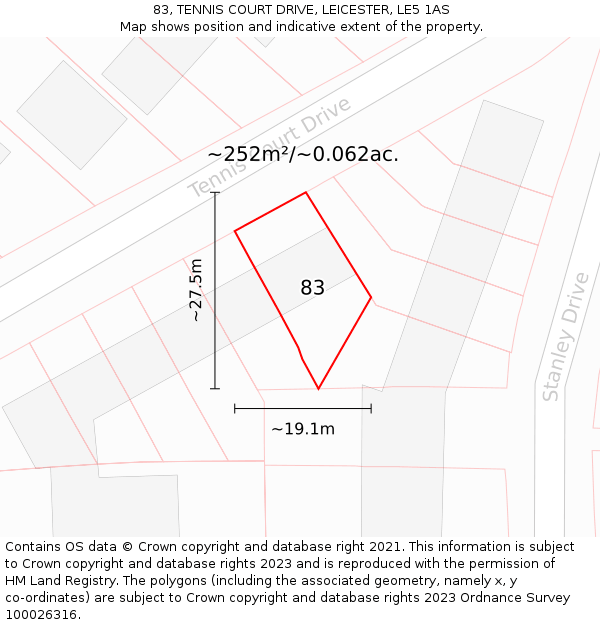 83, TENNIS COURT DRIVE, LEICESTER, LE5 1AS: Plot and title map