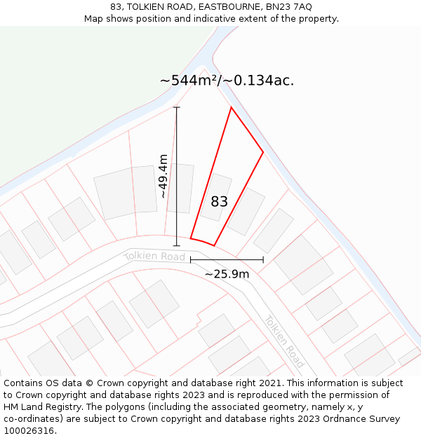 83, TOLKIEN ROAD, EASTBOURNE, BN23 7AQ: Plot and title map