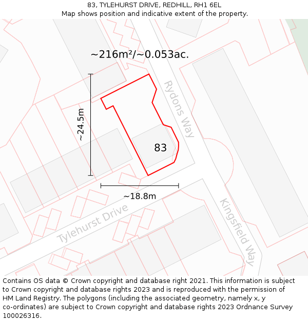 83, TYLEHURST DRIVE, REDHILL, RH1 6EL: Plot and title map