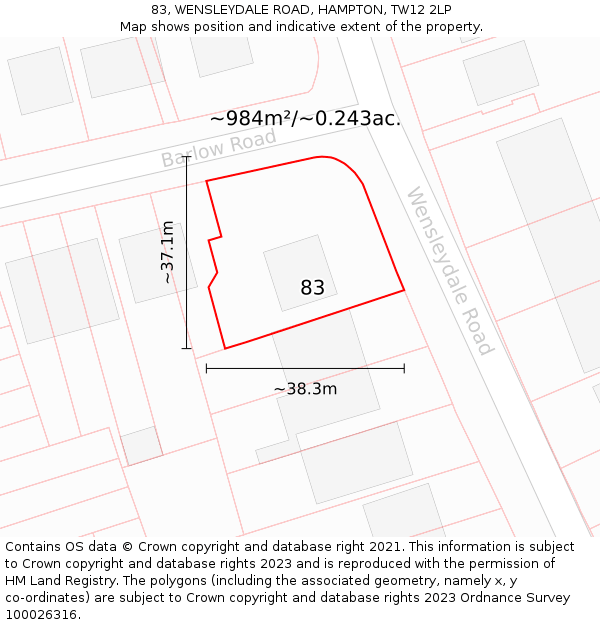 83, WENSLEYDALE ROAD, HAMPTON, TW12 2LP: Plot and title map