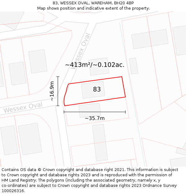 83, WESSEX OVAL, WAREHAM, BH20 4BP: Plot and title map