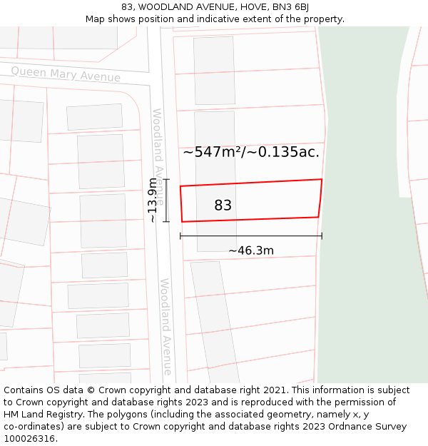 83, WOODLAND AVENUE, HOVE, BN3 6BJ: Plot and title map