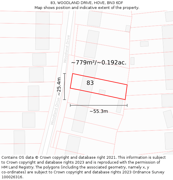 83, WOODLAND DRIVE, HOVE, BN3 6DF: Plot and title map
