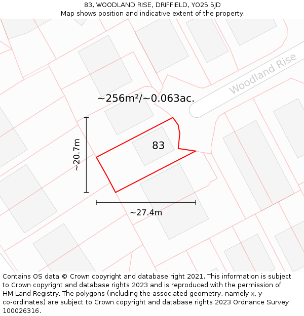 83, WOODLAND RISE, DRIFFIELD, YO25 5JD: Plot and title map