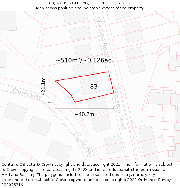 83, WORSTON ROAD, HIGHBRIDGE, TA9 3JU: Plot and title map