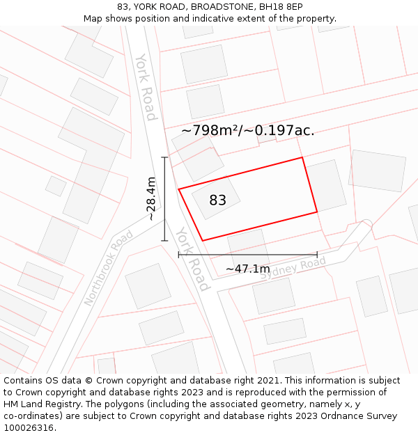 83, YORK ROAD, BROADSTONE, BH18 8EP: Plot and title map