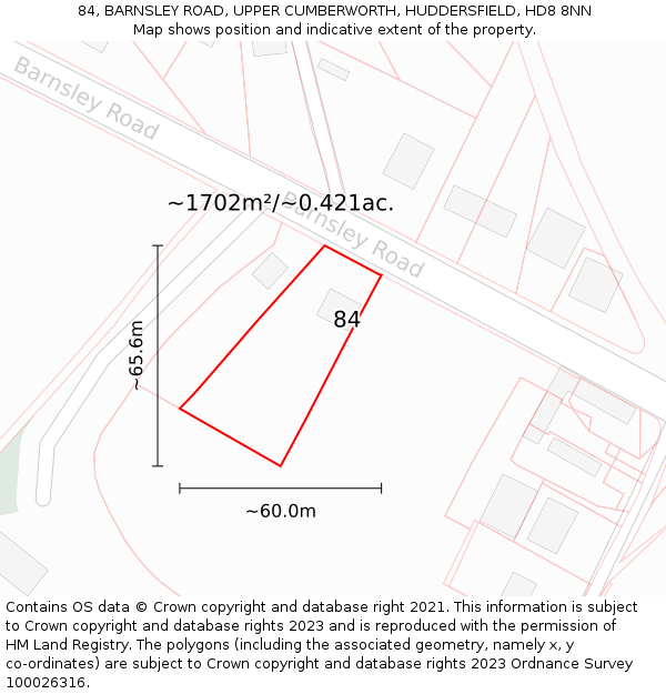 84, BARNSLEY ROAD, UPPER CUMBERWORTH, HUDDERSFIELD, HD8 8NN: Plot and title map