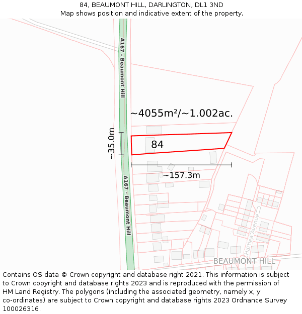 84, BEAUMONT HILL, DARLINGTON, DL1 3ND: Plot and title map