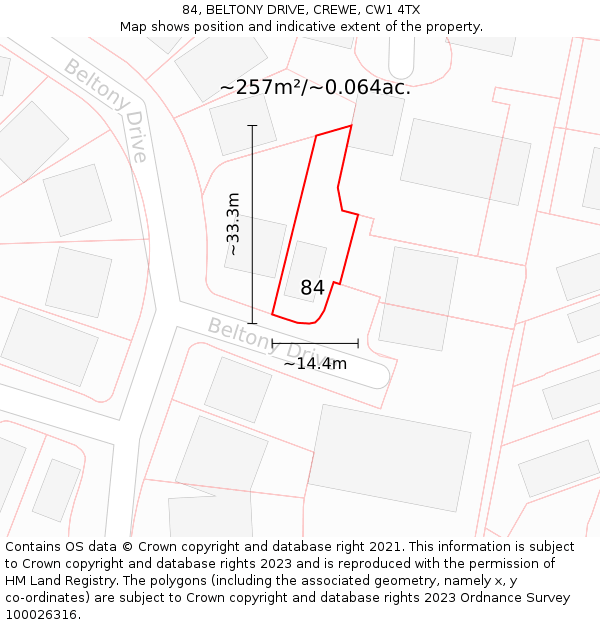 84, BELTONY DRIVE, CREWE, CW1 4TX: Plot and title map