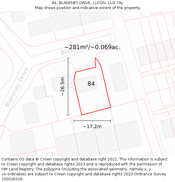 84, BLAKENEY DRIVE, LUTON, LU2 7AL: Plot and title map