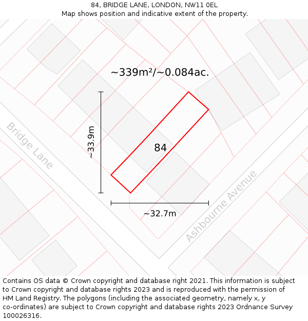 84, BRIDGE LANE, LONDON, NW11 0EL: Plot and title map