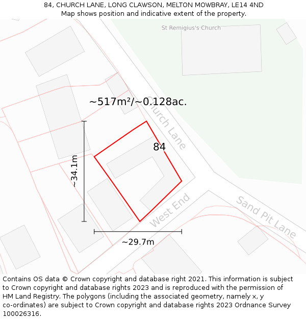 84, CHURCH LANE, LONG CLAWSON, MELTON MOWBRAY, LE14 4ND: Plot and title map
