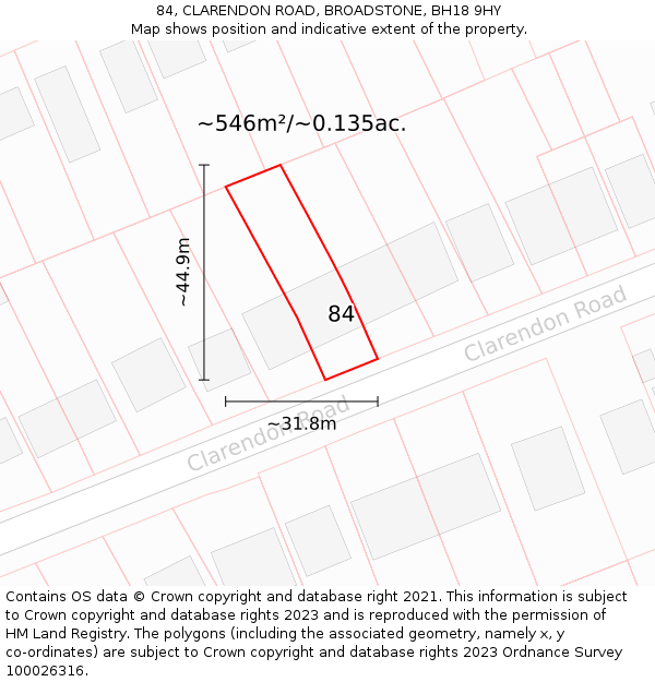 84, CLARENDON ROAD, BROADSTONE, BH18 9HY: Plot and title map