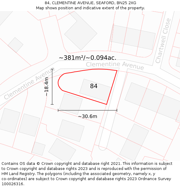 84, CLEMENTINE AVENUE, SEAFORD, BN25 2XG: Plot and title map