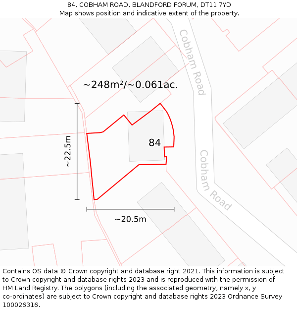 84, COBHAM ROAD, BLANDFORD FORUM, DT11 7YD: Plot and title map