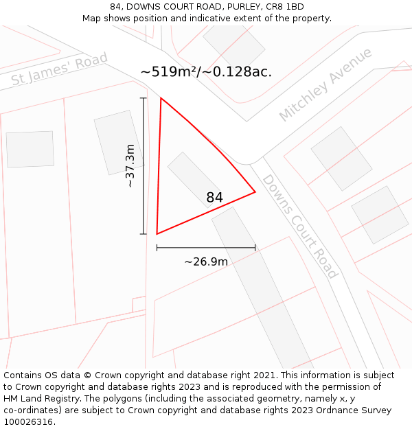 84, DOWNS COURT ROAD, PURLEY, CR8 1BD: Plot and title map