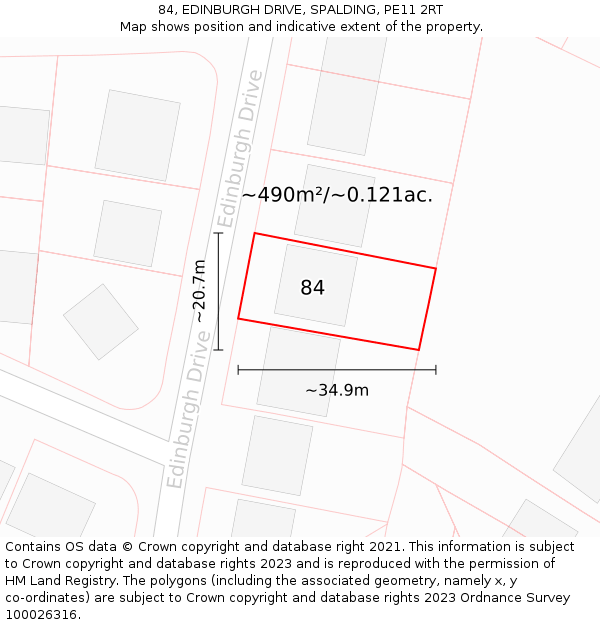 84, EDINBURGH DRIVE, SPALDING, PE11 2RT: Plot and title map