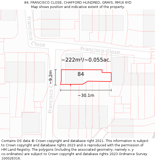 84, FRANCISCO CLOSE, CHAFFORD HUNDRED, GRAYS, RM16 6YD: Plot and title map