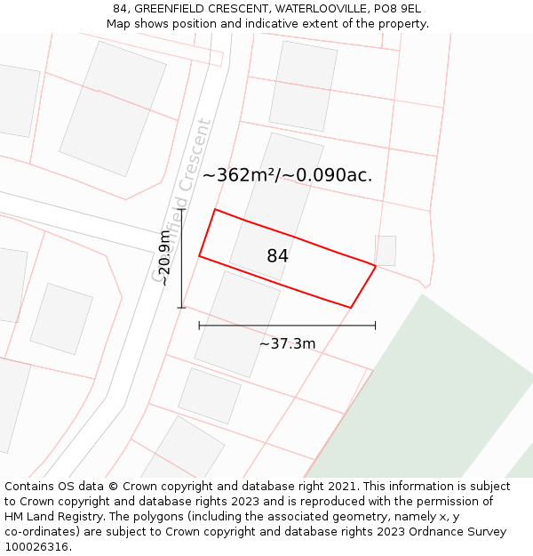 84, GREENFIELD CRESCENT, WATERLOOVILLE, PO8 9EL: Plot and title map