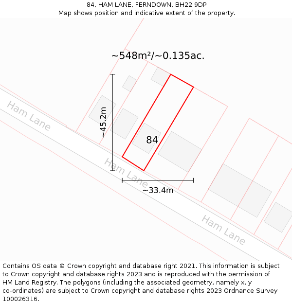 84, HAM LANE, FERNDOWN, BH22 9DP: Plot and title map