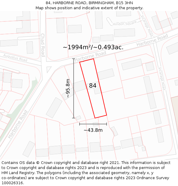 84, HARBORNE ROAD, BIRMINGHAM, B15 3HN: Plot and title map