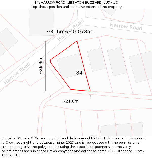 84, HARROW ROAD, LEIGHTON BUZZARD, LU7 4UQ: Plot and title map