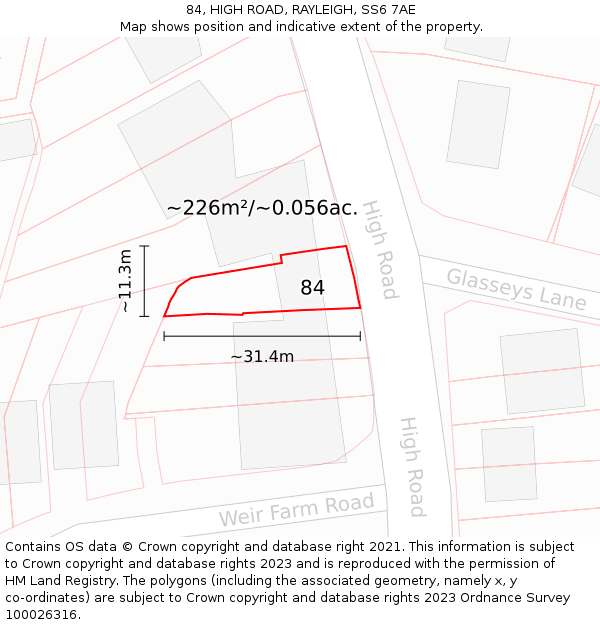 84, HIGH ROAD, RAYLEIGH, SS6 7AE: Plot and title map