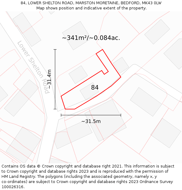 84, LOWER SHELTON ROAD, MARSTON MORETAINE, BEDFORD, MK43 0LW: Plot and title map