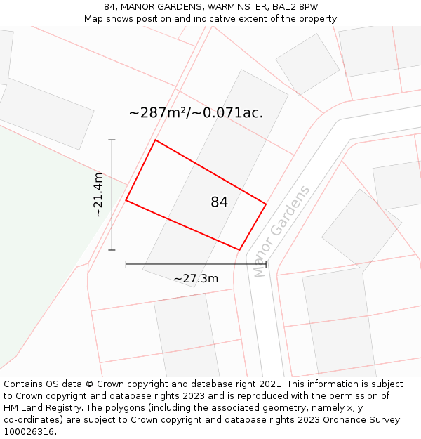 84, MANOR GARDENS, WARMINSTER, BA12 8PW: Plot and title map