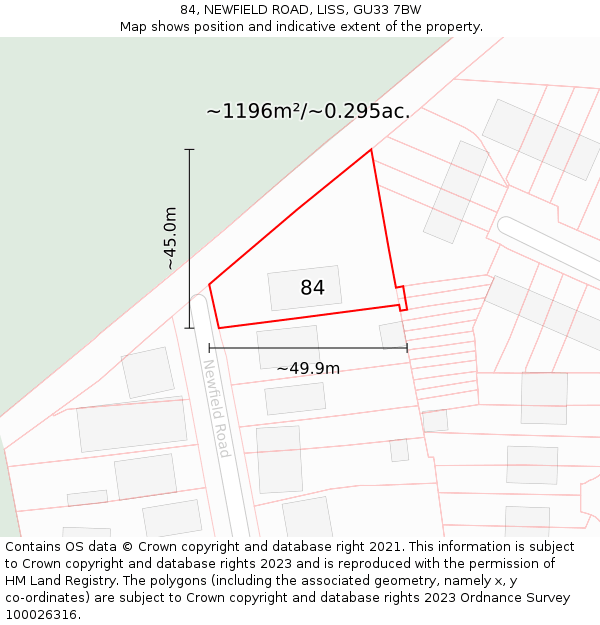 84, NEWFIELD ROAD, LISS, GU33 7BW: Plot and title map