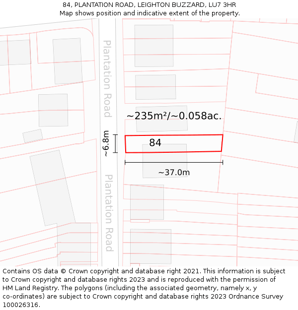 84, PLANTATION ROAD, LEIGHTON BUZZARD, LU7 3HR: Plot and title map