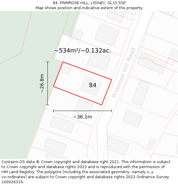 84, PRIMROSE HILL, LYDNEY, GL15 5SP: Plot and title map