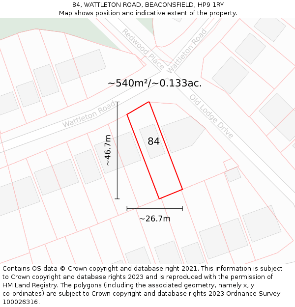 84, WATTLETON ROAD, BEACONSFIELD, HP9 1RY: Plot and title map