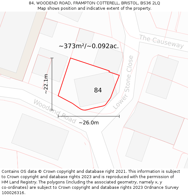 84, WOODEND ROAD, FRAMPTON COTTERELL, BRISTOL, BS36 2LQ: Plot and title map